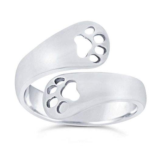 Sterling Silver Open Paw-Prints Bypass Ring, Adjustable