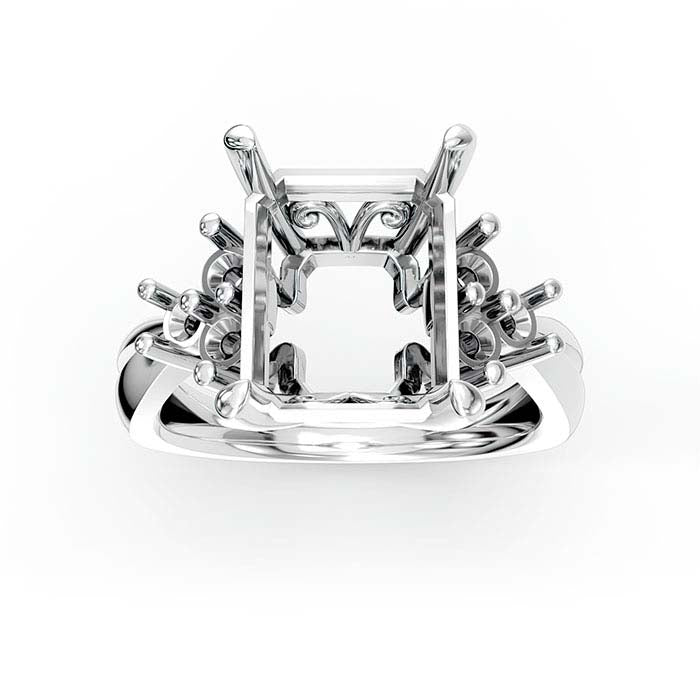 Montatura per Anello in Oro Bianco 14K con Pietra Smeraldo Taglio Rettangolare e Pietra Rotonda