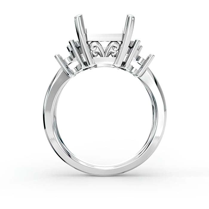 Montatura per Anello in Oro Bianco 14K con Pietra Smeraldo Taglio Rettangolare e Pietra Rotonda