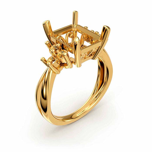 14K イエローゴールド エメラルドカット＆ラウンドストーン リングマウンティング