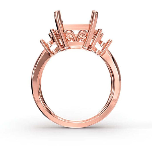 18K ローズゴールド エメラルドカット＆ラウンドストーン リングマウンティング