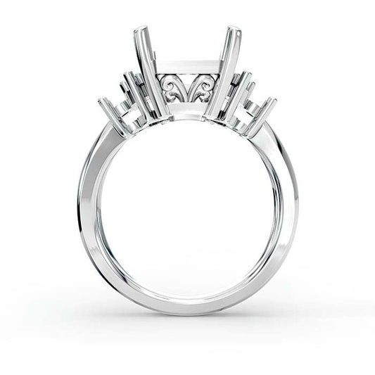 18Kホワイトゴールド エメラルドカット＆ラウンドストーン リングマウンティング