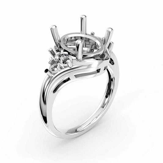 14K ホワイトゴールド オーバル＆ラウンドストーン リングマウンティング