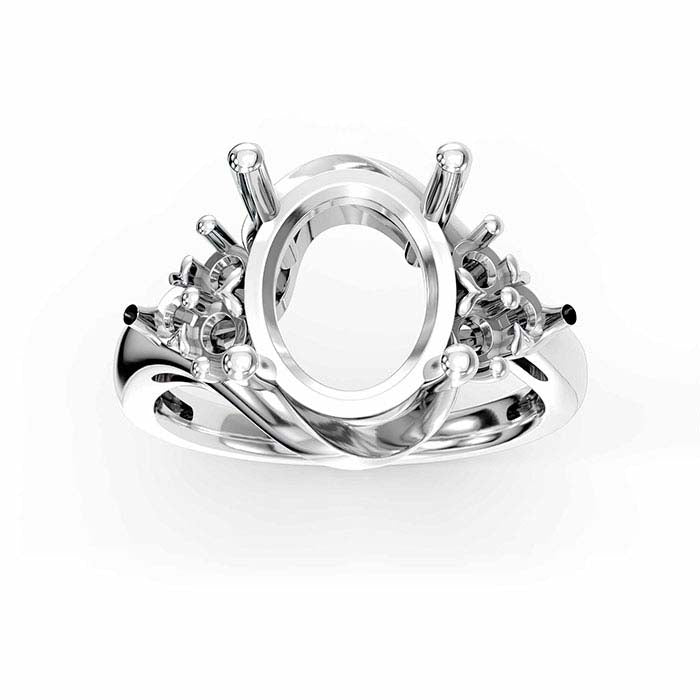 خاتم تركيب بحجر بيضاوي ومستدير من الذهب الأبيض عيار 14 قيراط