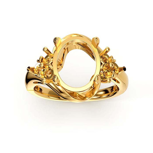 14K イエローゴールド オーバル＆ラウンドストーン リングマウンティング