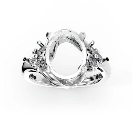 خاتم تركيب بحجر بيضاوي ومستدير من الذهب الأبيض عيار 18 قيراط