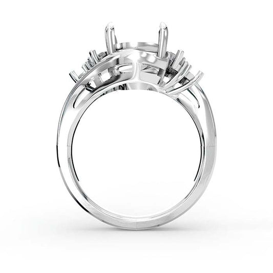 خاتم تركيب بحجر بيضاوي ومستدير من الذهب الأبيض عيار 18 قيراط