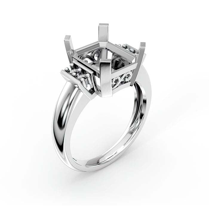 خاتم من الذهب الأبيض عيار 14 قيراط بتصميم حجر زمرد مقطوع بشكل مستطيل وحجر دائري