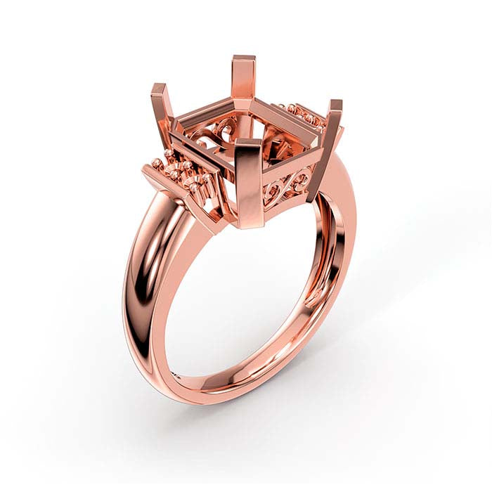 18K rožinio aukso žiedas su smaragdiniu ir apvaliu akmeniu montavimui