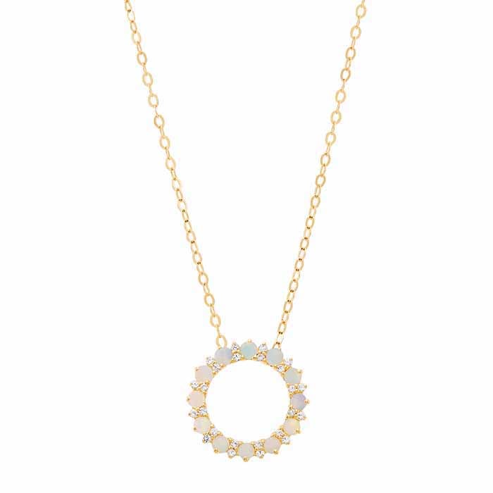 14K gult gull sirkelkjede med opal- og laboratoriedyrket safirsett