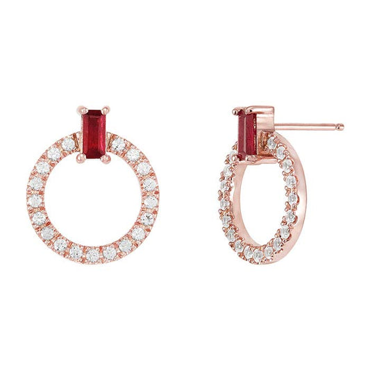10K Rose Gold Ruby- & White Sapphire-Set Post Earrings with Open Circle Drop