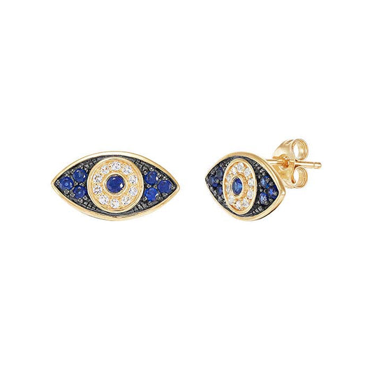 10K Yellow Gold Lab-Grown Sapphire-Set Evil Eye Post Earrings