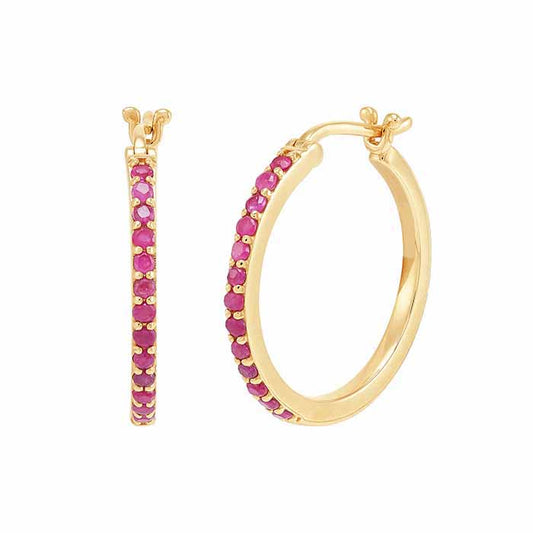 10K Yellow Gold 16mm Ruby-Set Round Hoop Earrings