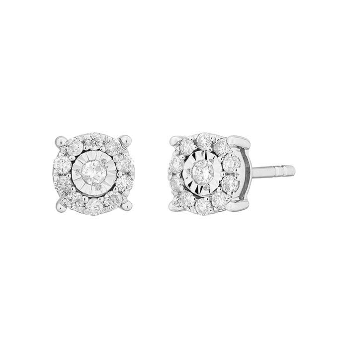 10K White Gold Diamond-Set Halo Post Earrings