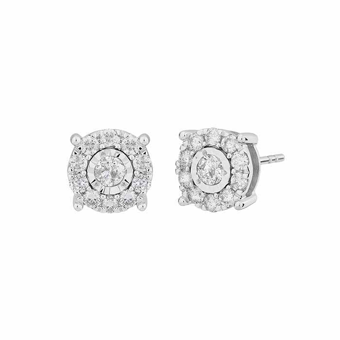 10K White Gold Diamond-Set Halo Post Earrings