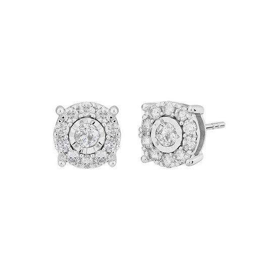 10K White Gold Diamond-Set Halo Post Earrings