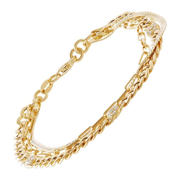 14K イエローゴールドメッキ スターリングシルバー CZセッティング チェーン ブレスレット