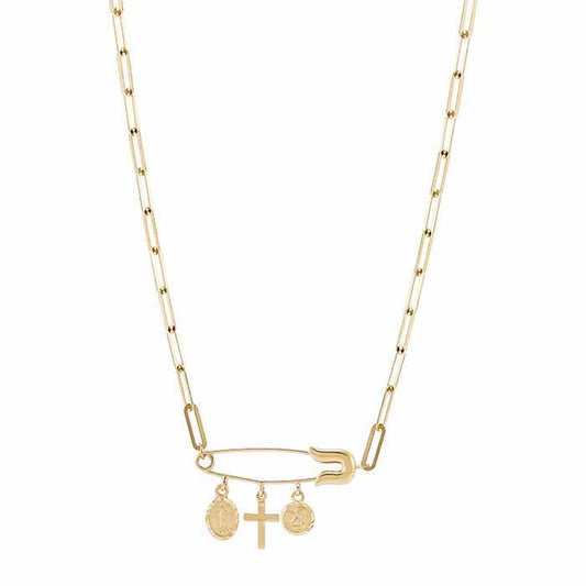 14K Yellow Gold Cross with Safety Pin Link Necklace