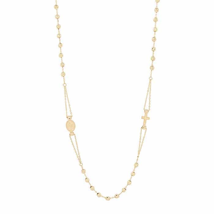 14K Keltakultainen Ruusukeripusketju Ristillä ja Marian Medallionilla