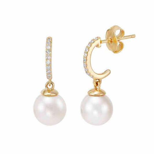 10K Yellow Gold Diamond-Set Post Earrings with Freshwater Pearls