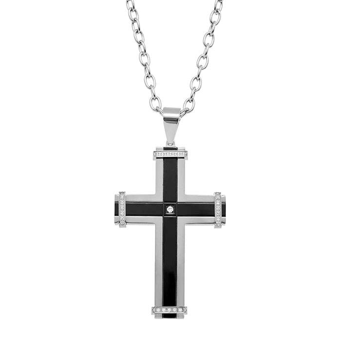 Collier Croix en Acier Inoxydable Noir serti de CZ
